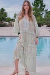 VESTIDO LONGO BABADOS ESTAMPA PAISLEY VERDE