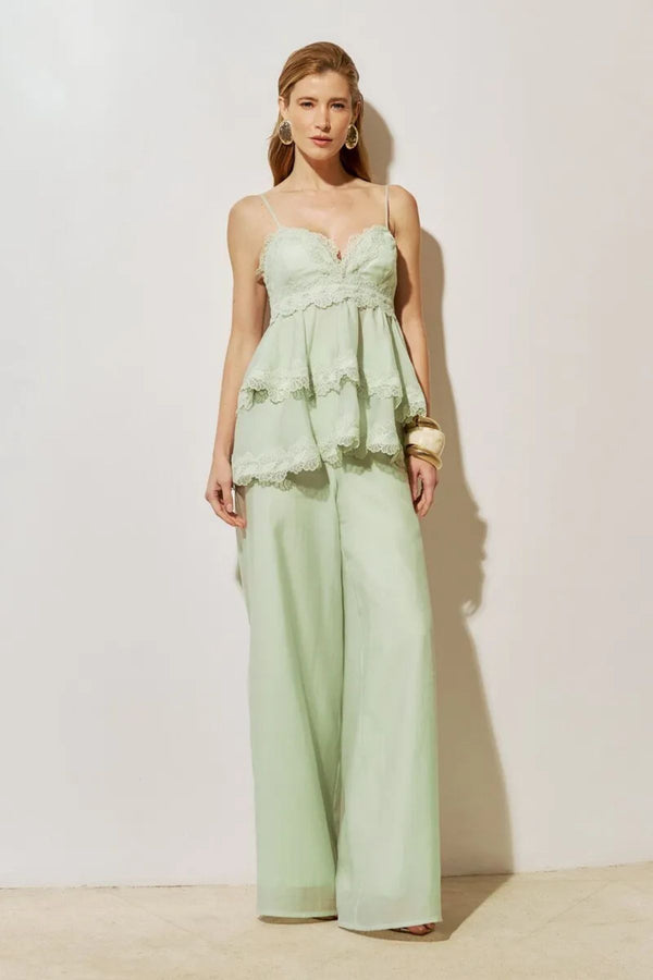 CONJUNTO BLUSA RENDA E CALÇA VERDE