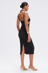 VESTIDO MIDI PATBO PRETO COM FIOS DOURADOOS