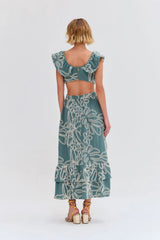 VESTIDO MIDI VERDE COM BORDADO OFF WHITE E BABADOS NOS OMBROS PATBO