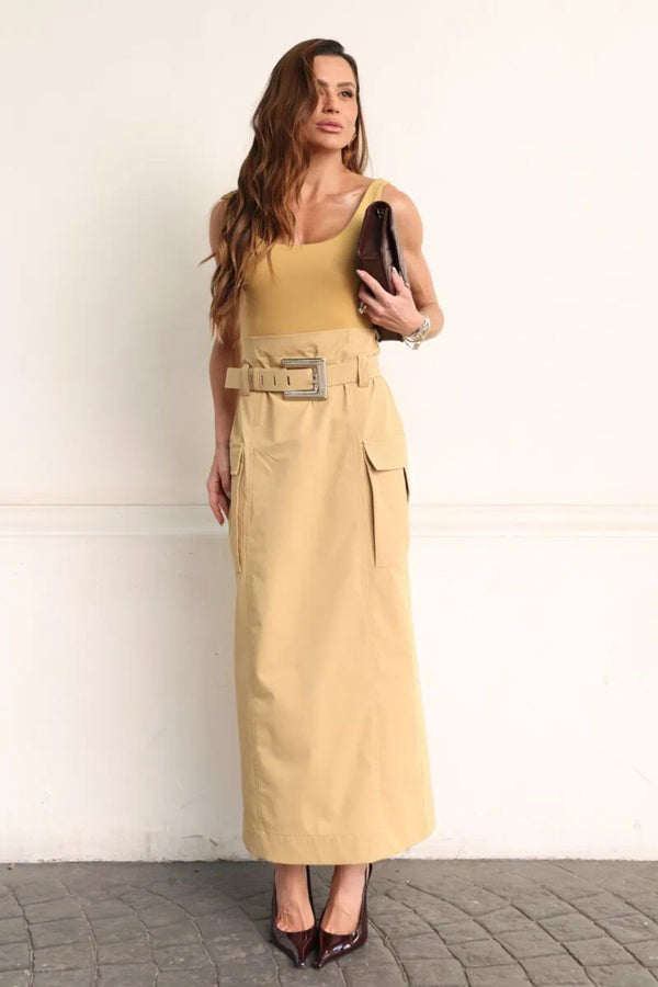 SAIA MIDI CLOCHARD COM CINTO E BOLSO