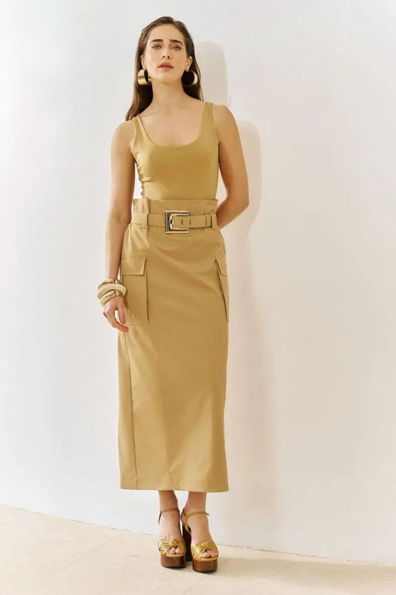 SAIA MIDI CLOCHARD COM CINTO E BOLSO