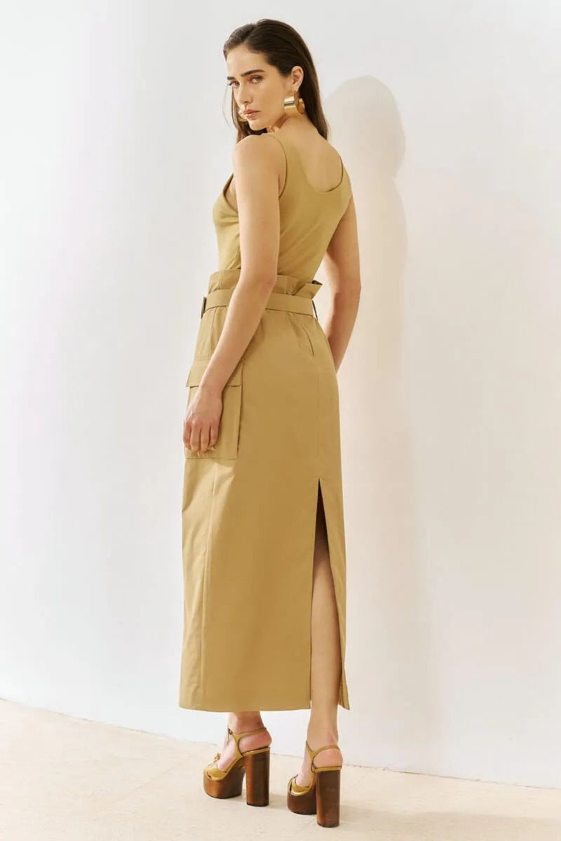 SAIA MIDI CLOCHARD COM CINTO E BOLSO