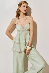 CONJUNTO BLUSA ALÇA RENDA E CALÇA VERDE