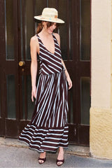 VESTIDO LONGO LISTRAS MARROM E AZUL