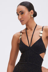 VESTIDO MIDI PATBO PRETO COM FIOS DOURADOOS