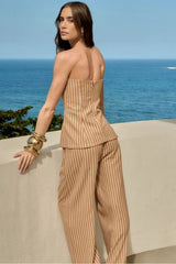 CONJUNTO BLUSA E CALÇA PANTALONA LISTRADO BEGE E OFF