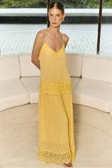 VESTIDO LONGO TARQUINADO COM RENDAS APLICADA AMARELO