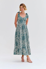 VESTIDO MIDI VERDE COM BORDADO OFF WHITE E LAÇOS NOS OMBROS PATBO