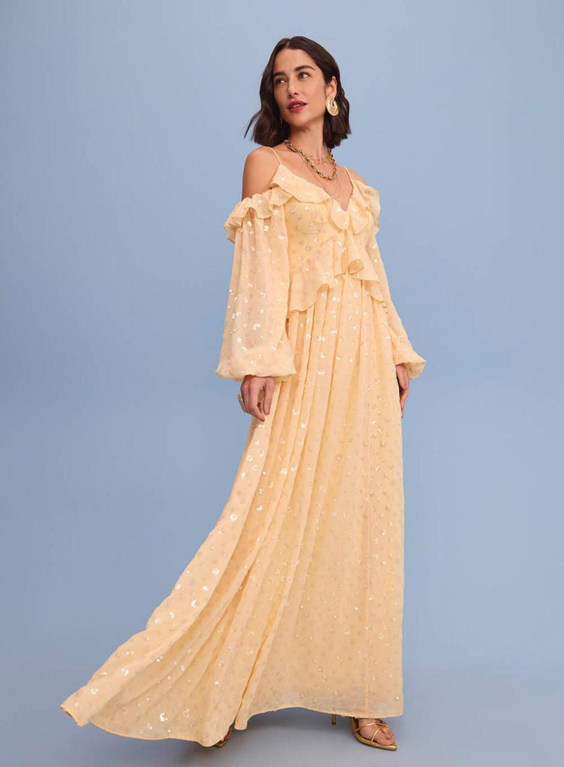 VESTIDO LONGO EM CHIFFON E PAETÊS AMARELO