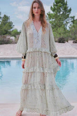 VESTIDO LONGO BABADOS ESTAMPA PAISLEY VERDE