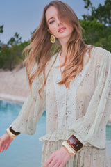 VESTIDO LONGO BABADOS ESTAMPA PAISLEY VERDE