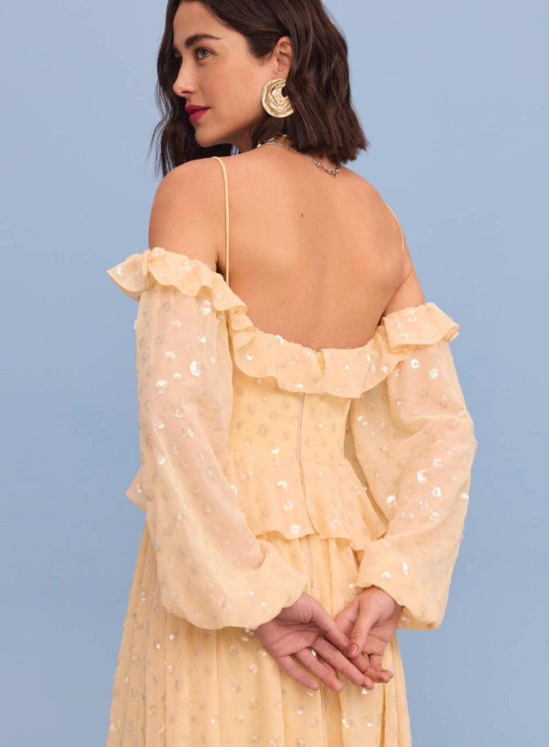 VESTIDO LONGO EM CHIFFON E PAETÊS AMARELO