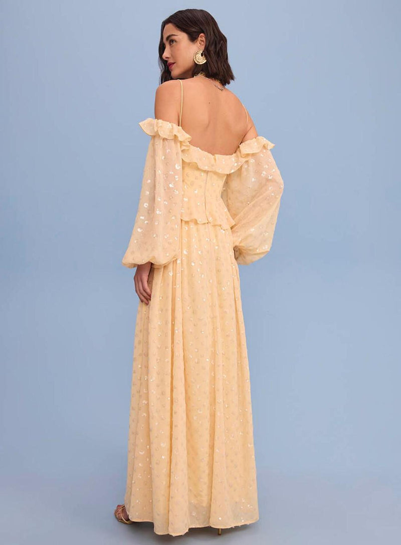VESTIDO LONGO EM CHIFFON E PAETÊS AMARELO