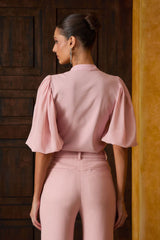 BLUSA MANGA BOTÕES DECOTE ROSA