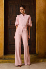 BLUSA MANGA BOTÕES DECOTE ROSA