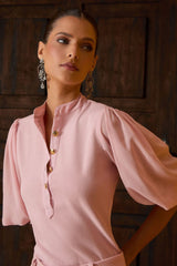 BLUSA MANGA BOTÕES DECOTE ROSA