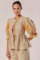 BLUSA MANGAS BUFANTES 3/4 LISTRAS BORDADA ANIMA