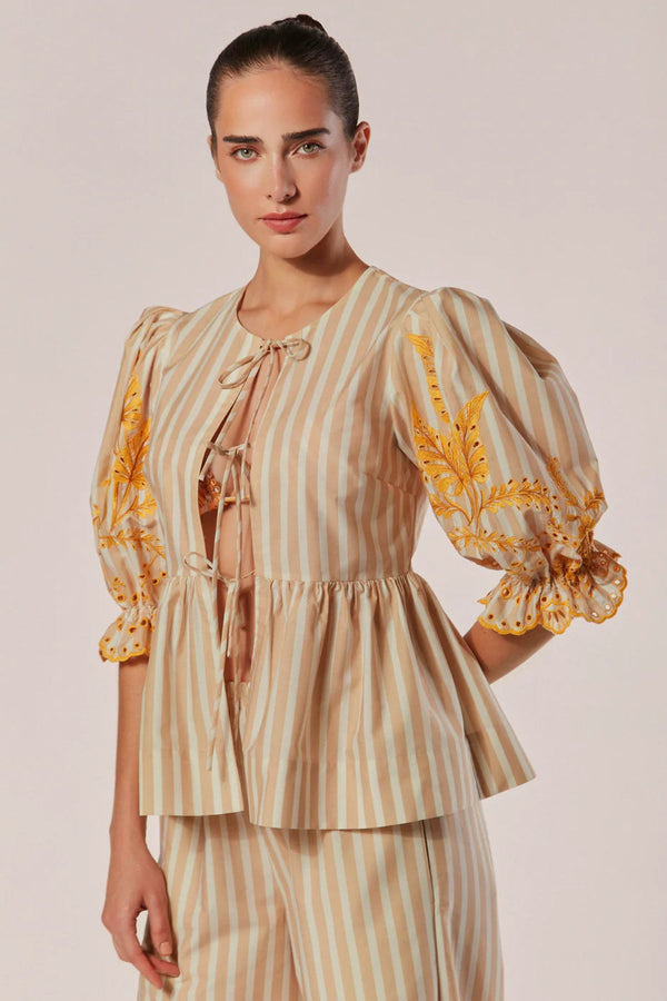 BLUSA MANGAS BUFANTES 3/4 LISTRAS BORDADA ANIMA