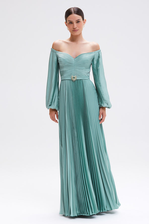 VESTIDO LONGO PLISSADO PATBO VERDE CLARO