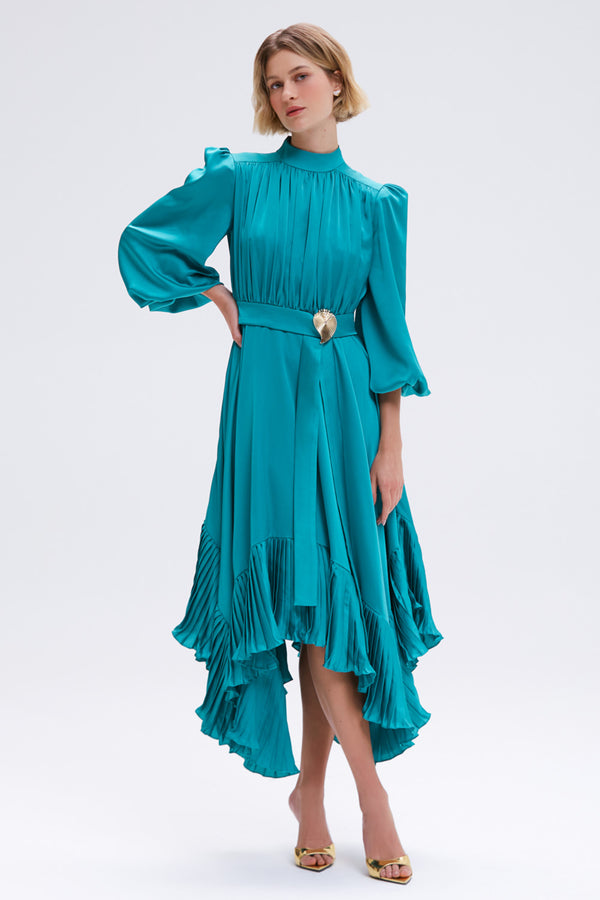 VESTIDO PAT BO VERDE MANGA E DETALHE DOURADO