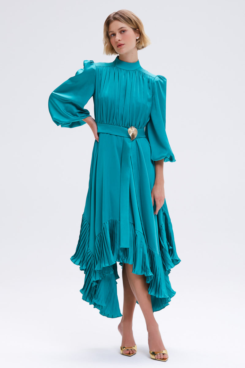VESTIDO PAT BO VERDE MANGA E DETALHE DOURADO