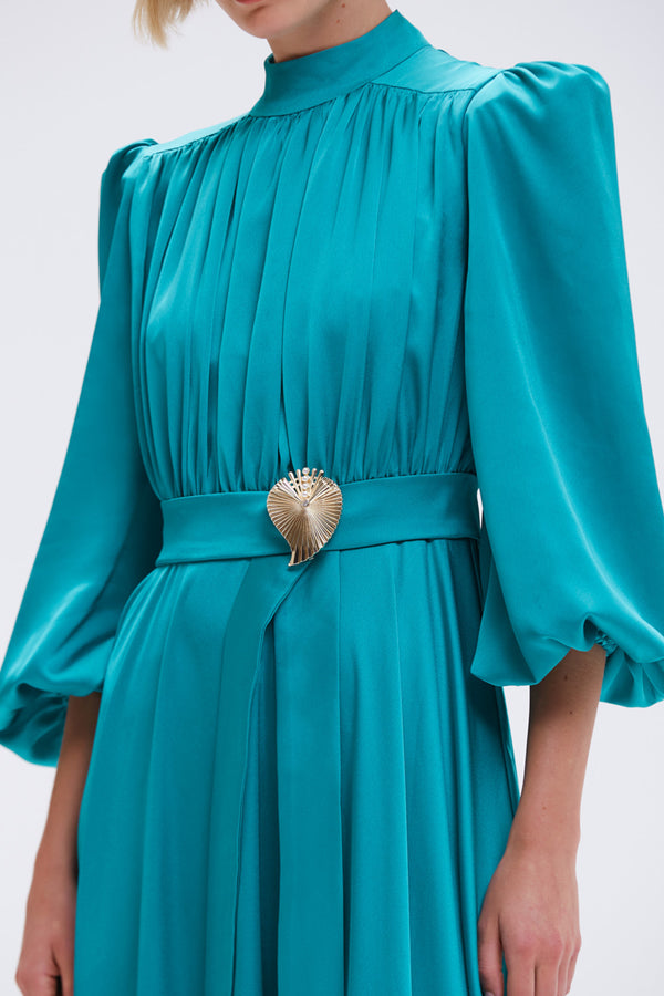 VESTIDO PAT BO VERDE MANGA E DETALHE DOURADO