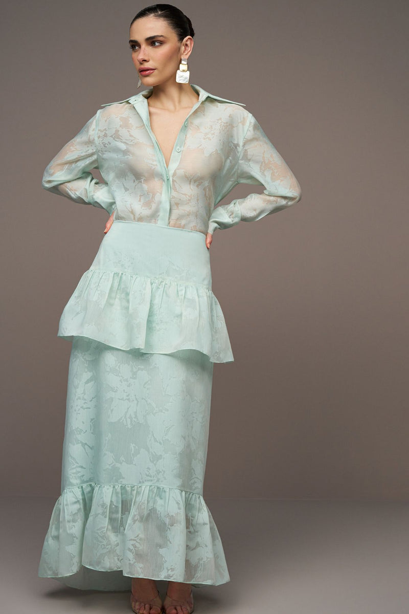 CONJUNTO ORGANZA DEVORÊ E SAIA BABADOS VERDE