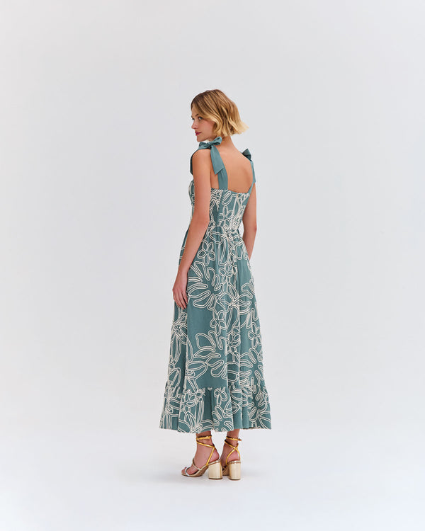 VESTIDO VERDE COM FLORES BORDADAS PATBO