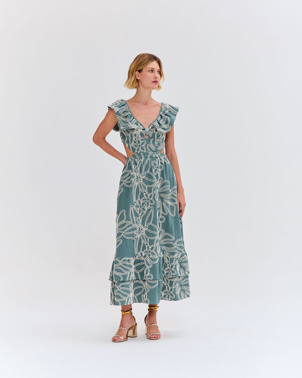 VESTIDO VERDE COM FLORES BORDADAS PATBO