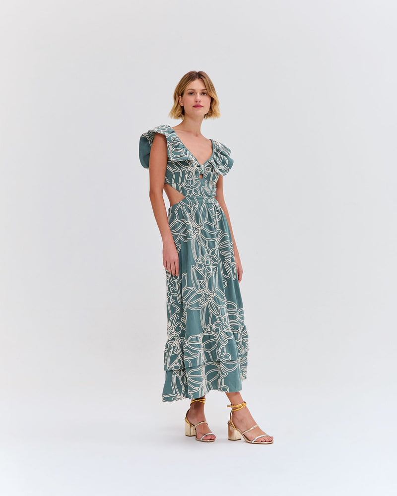 VESTIDO VERDE COM FLORES BORDADAS PATBO