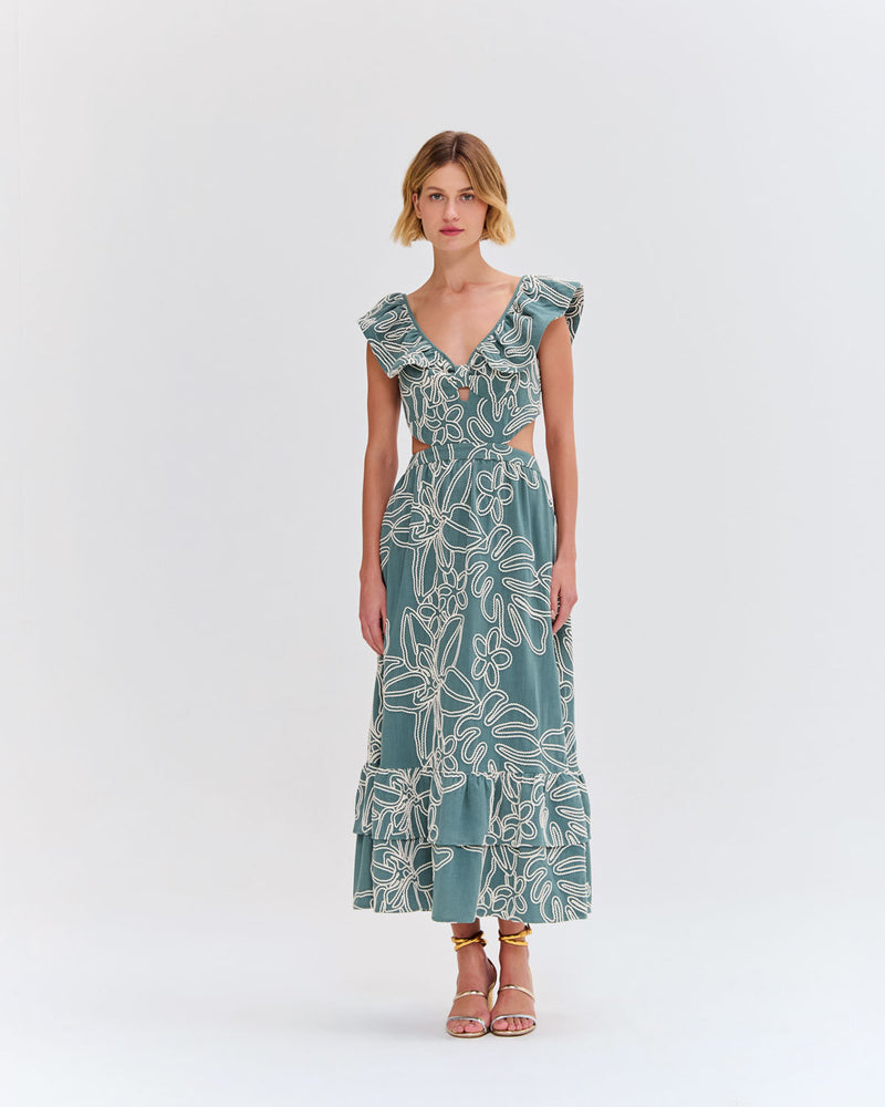 VESTIDO VERDE COM FLORES BORDADAS PATBO