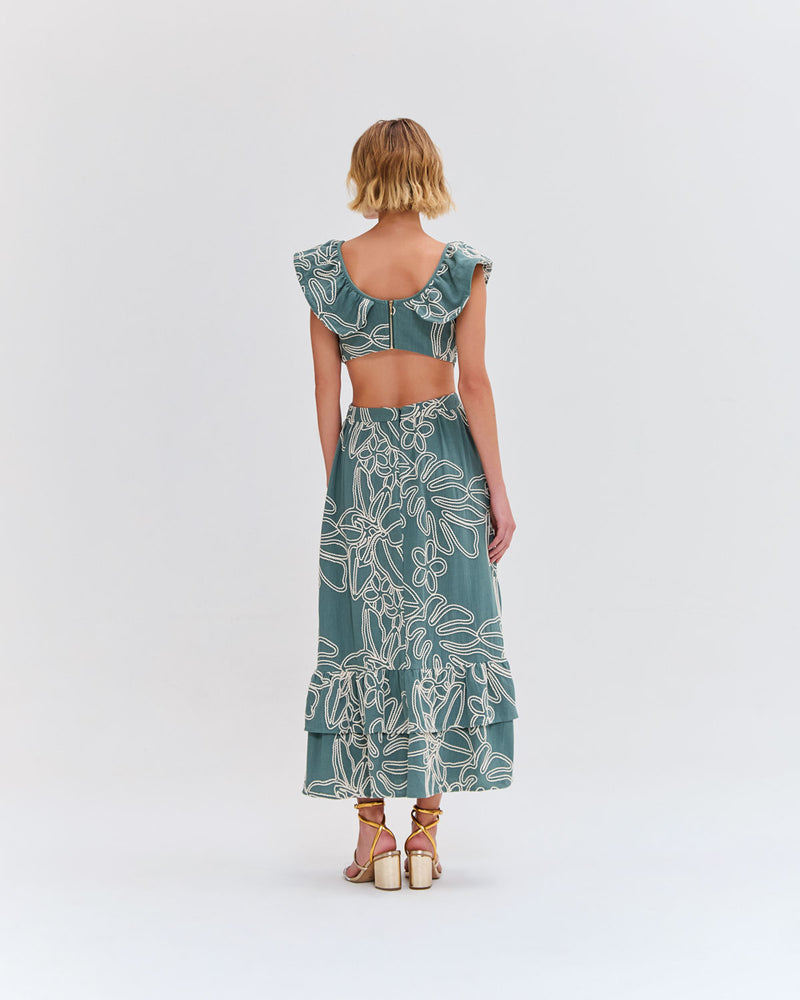 VESTIDO VERDE COM FLORES BORDADAS PATBO