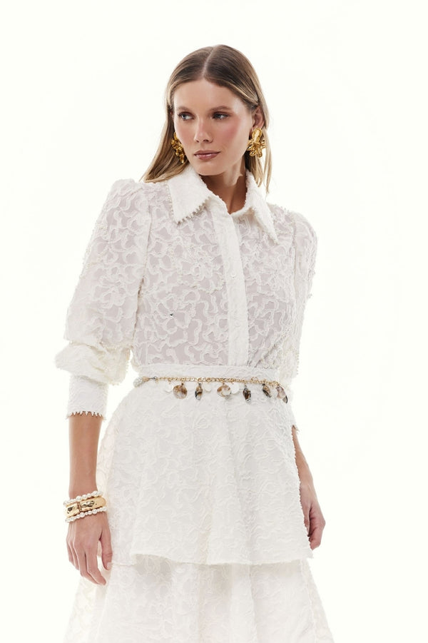 SAIA JACQUARD DE SEDA COM PÉROLAS BRANCA