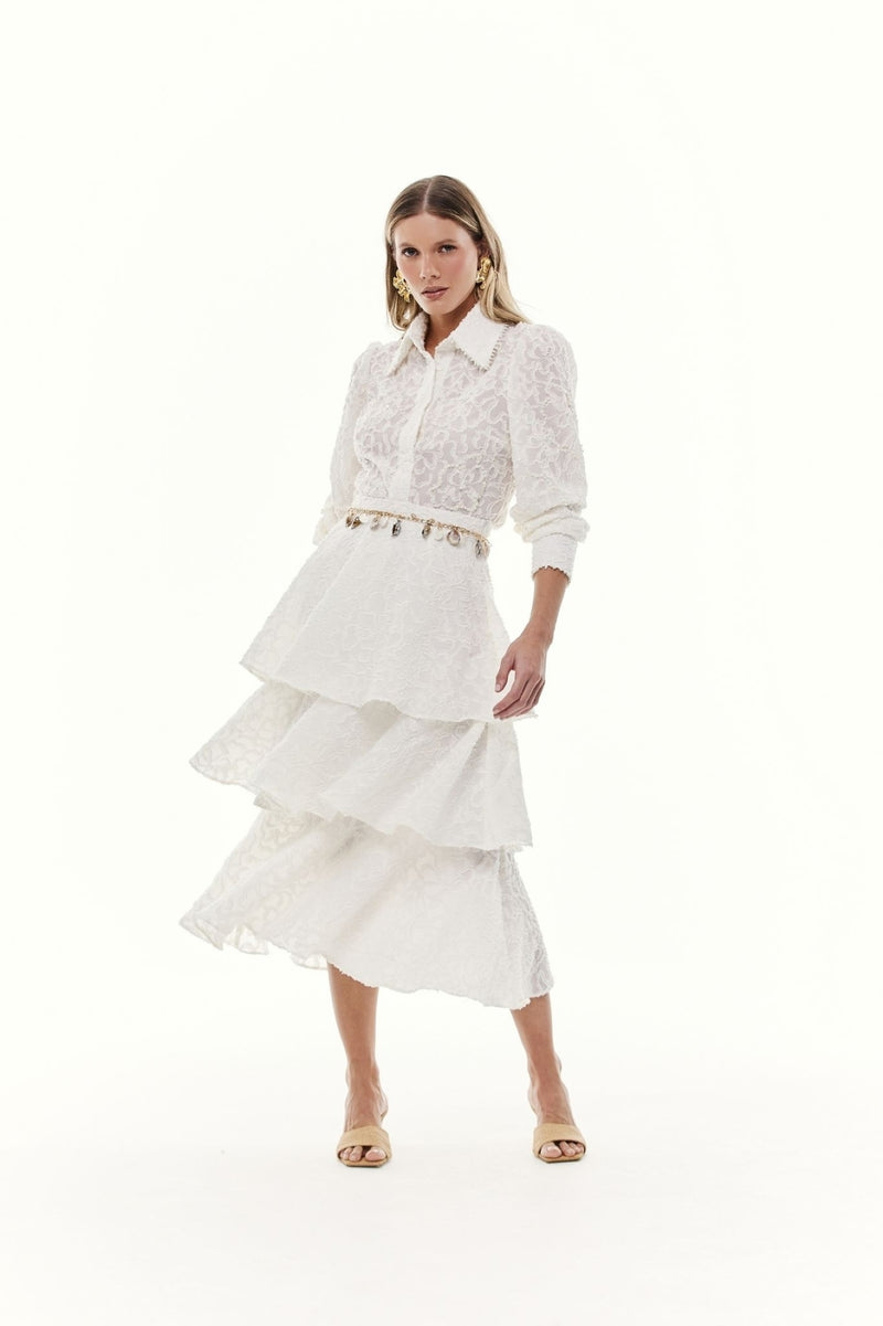 SAIA JACQUARD DE SEDA COM PÉROLAS BRANCA