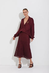 SAIA MIDI EM TRICOT PONTO COLMÉIA COM TRANSPARÊNCIA VINHO