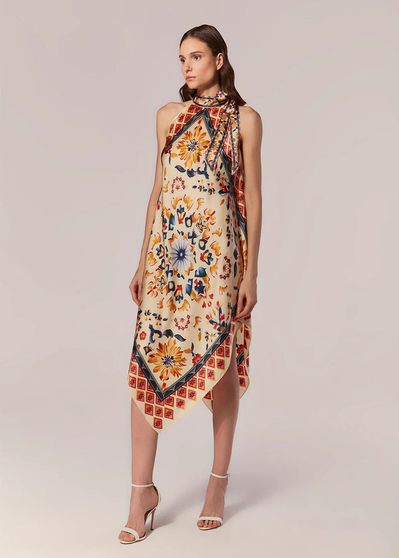 VESTIDO SEDA ASSIMÉTRICO DUNAS ESTAMPA  PAVONE
