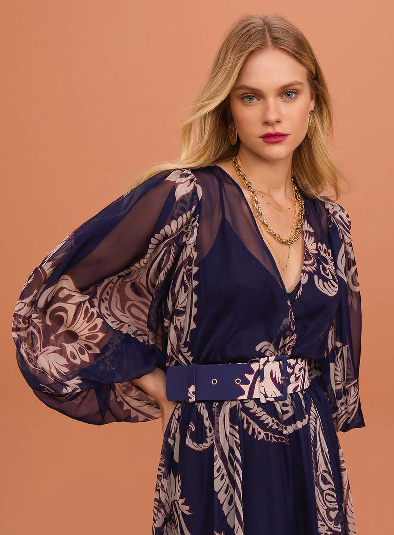 VESTIDO AZUL ESTAMPADO LONGO