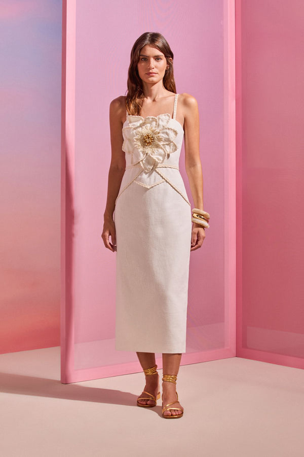 VESTIDO MIDI PATBO BEGE COM FLOR