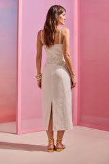 VESTIDO MIDI PATBO BEGE COM FLOR