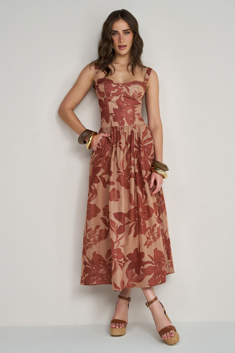 VESTIDO CORSET ESTAMPADO MARROM
