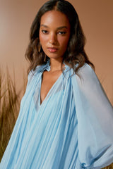 VESTIDO CURTO FRANZIDO BABADOS ÍRIS AZUL