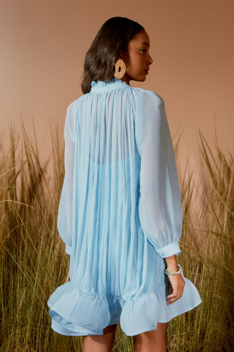 VESTIDO CURTO FRANZIDO BABADOS ÍRIS AZUL