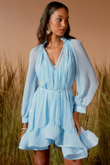 VESTIDO CURTO FRANZIDO BABADOS ÍRIS AZUL