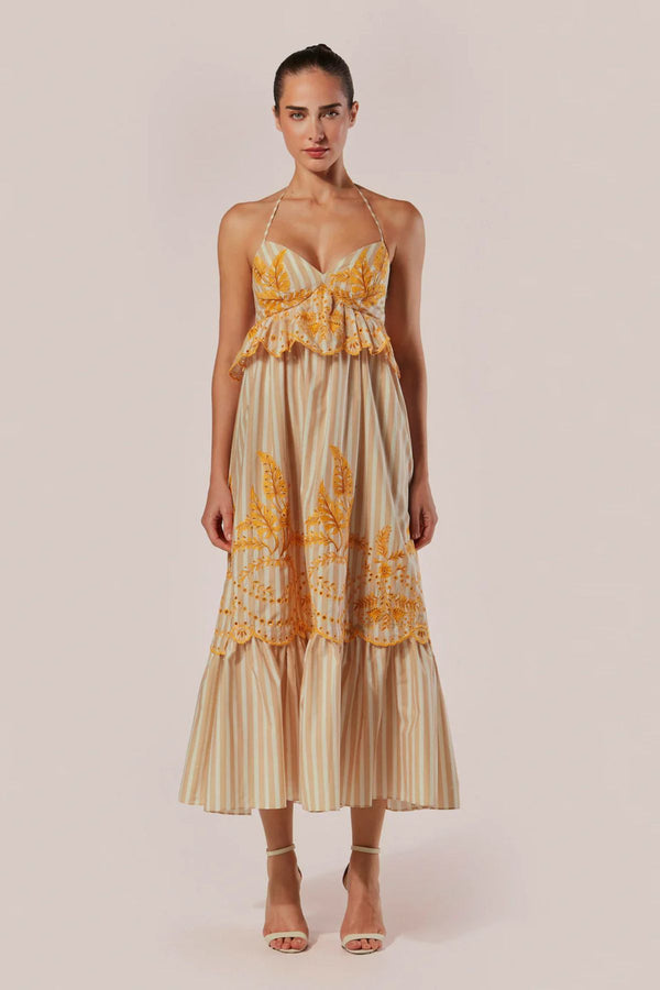 VESTIDO LONGO COM ALÇAS E LISTRAS BORDADA ANIMA