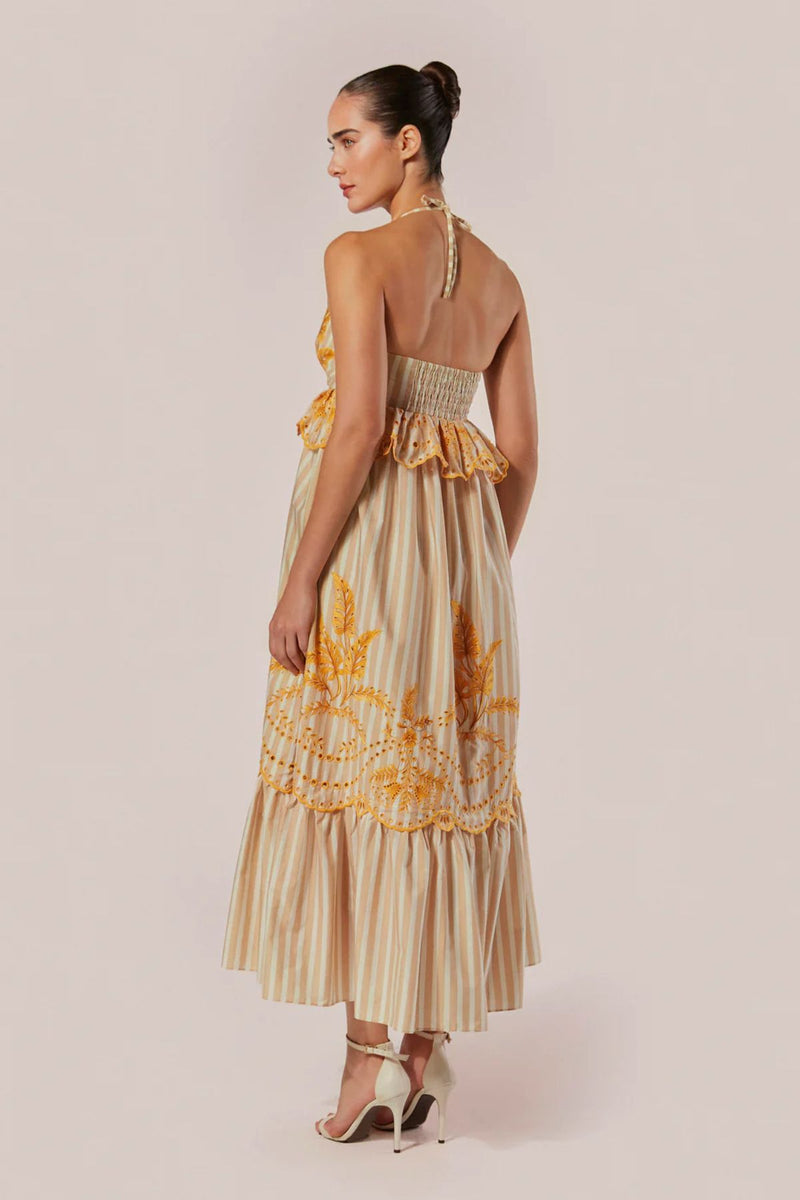 VESTIDO LONGO COM ALÇAS E LISTRAS BORDADA ANIMA