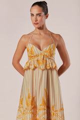 VESTIDO LONGO COM ALÇAS E LISTRAS BORDADA ANIMA