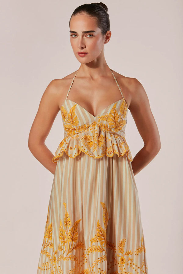 VESTIDO LONGO COM ALÇAS E LISTRAS BORDADA ANIMA