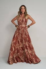 VESTIDO LONGO FRENTE ÚNICA ESTAMPADO MARROM