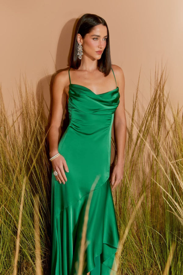 VESTIDO LONGO FENDA BABADO EUCALIPTO